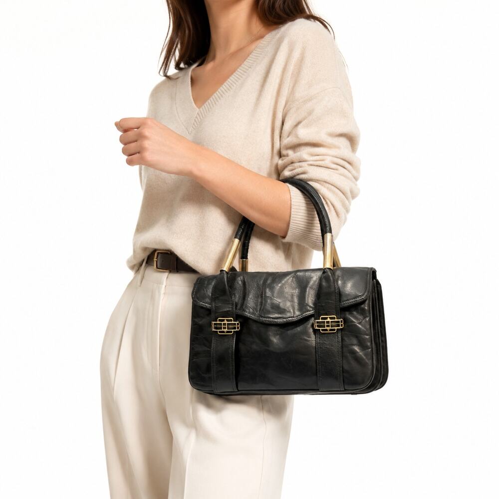 60s 70s Crown Lewis Black Leather Top Handle Bag Made Italy Gold Hardware